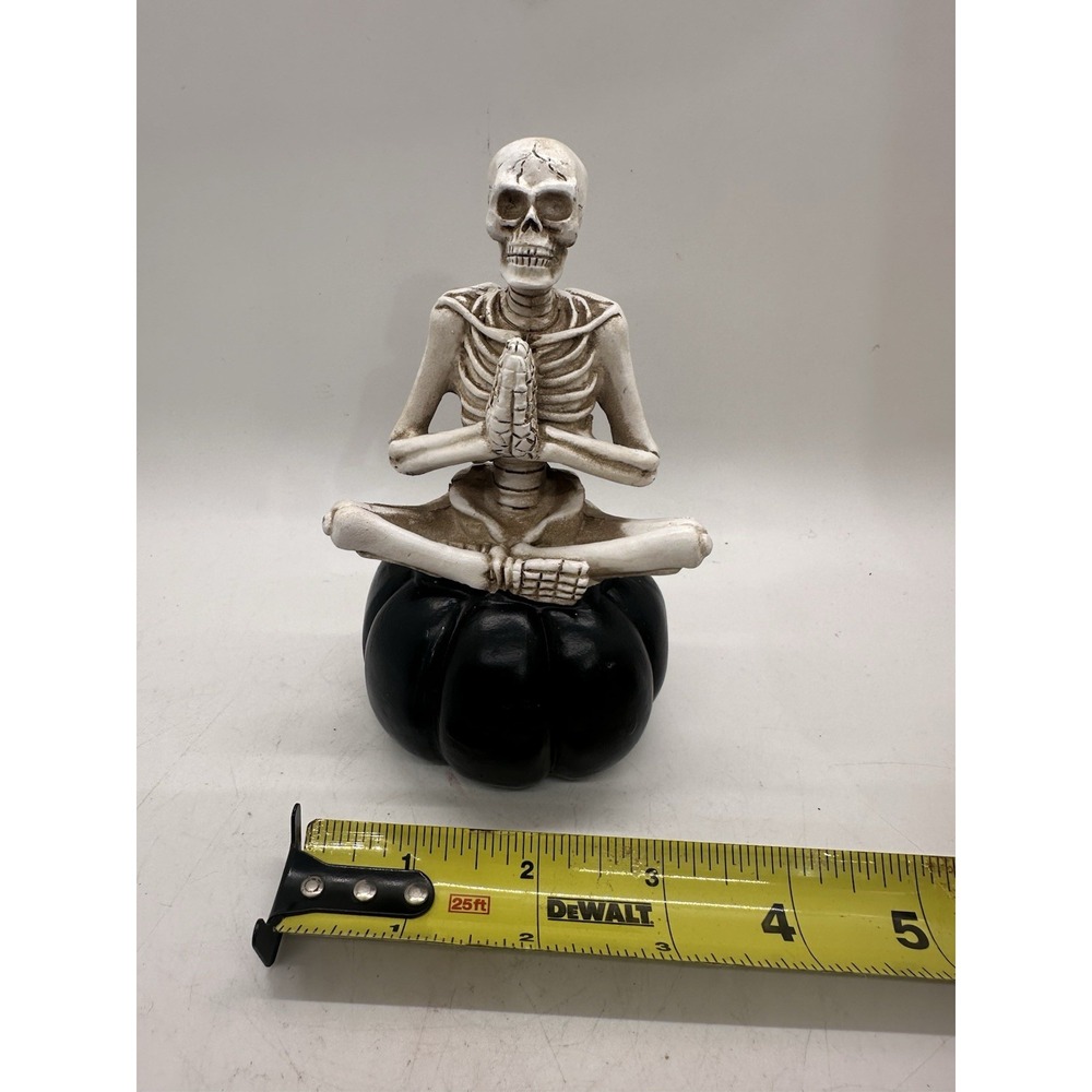 Halloween Yoga Skeleton Meditating on Black Pumpkin Figurine Namaste 5.5"